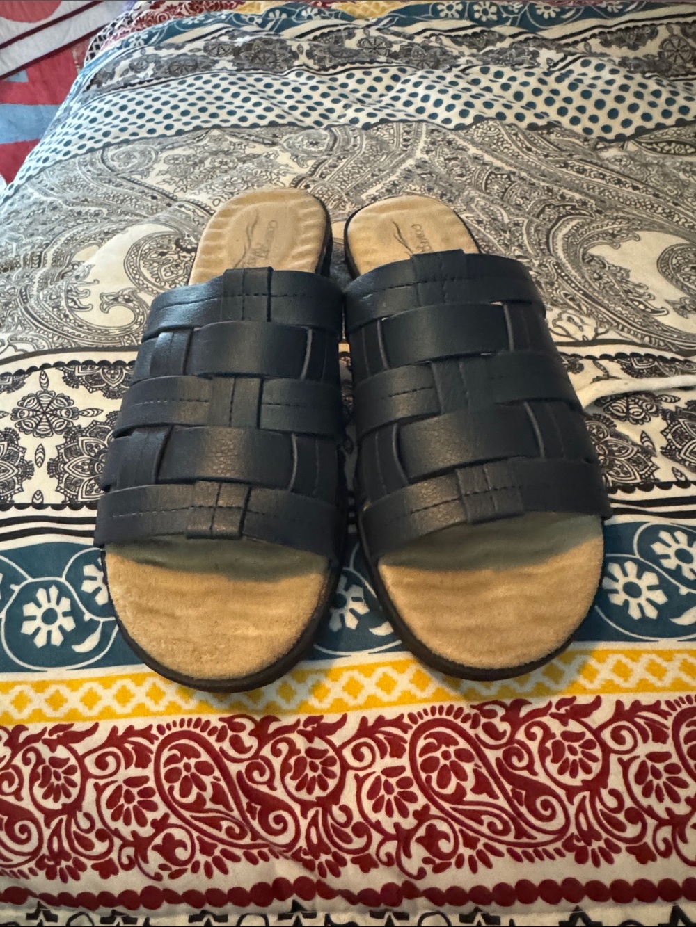 Black Woven Slide Sandals with Tan Footbed